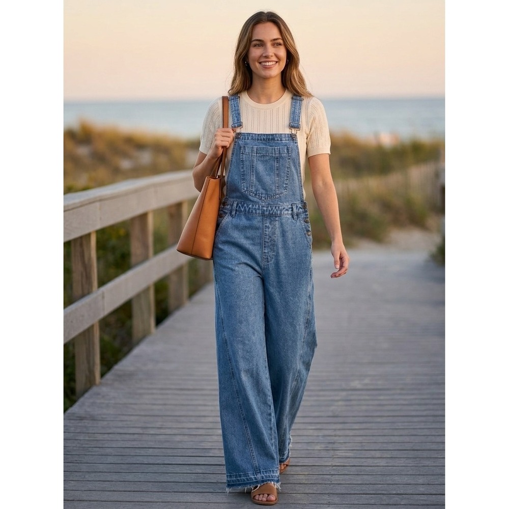 Listicle Denim Overalls Women L Blue Cotton Wide Leg Raw Hem Boho Festival Y2K